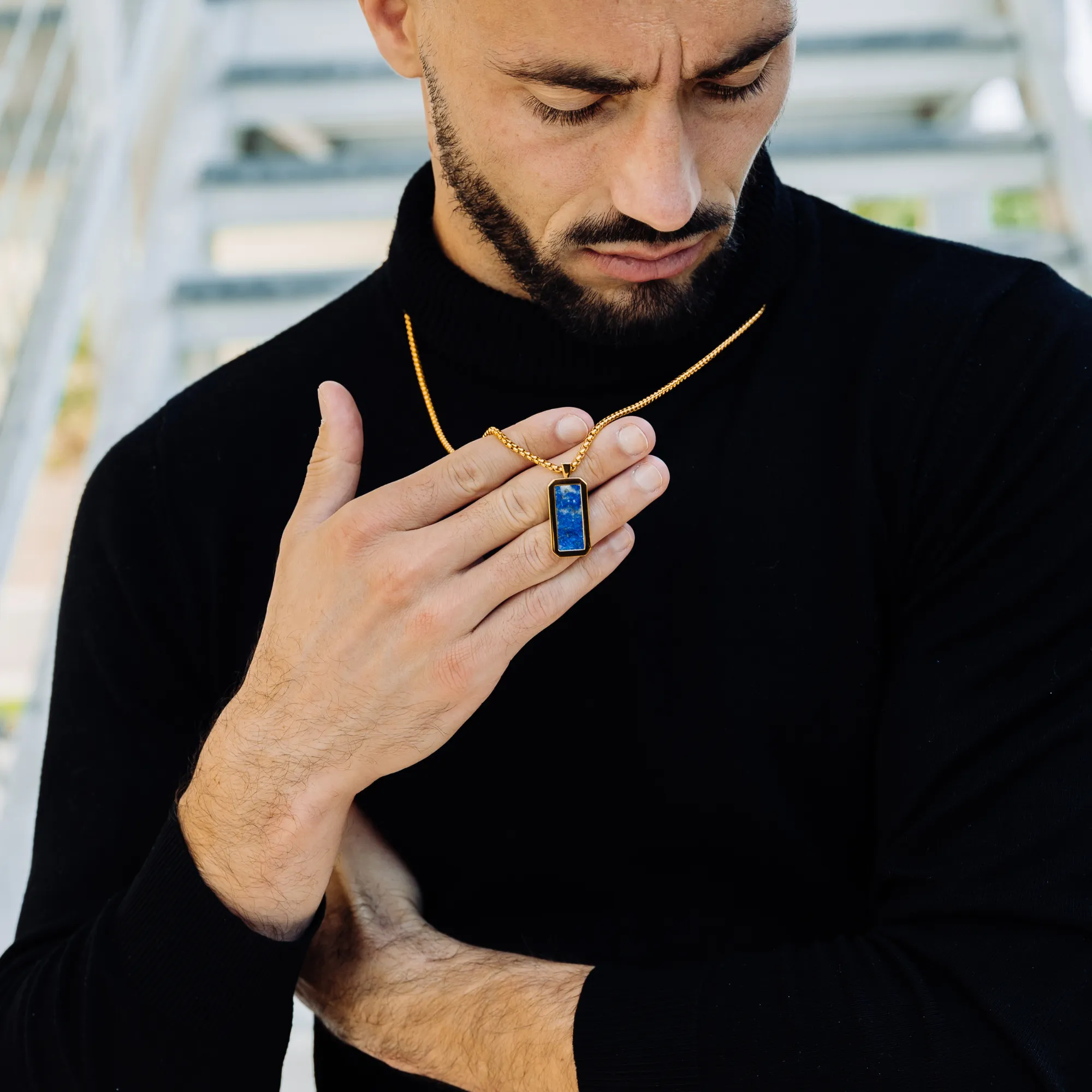 Golden Necklace with Rectangle Lapis Lazuli Pendant