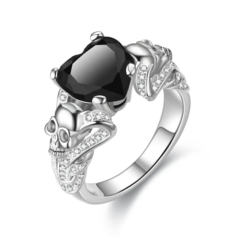 Gothic Skull Heart Crystal and Cubic Zirconia Punk Wedding Ring