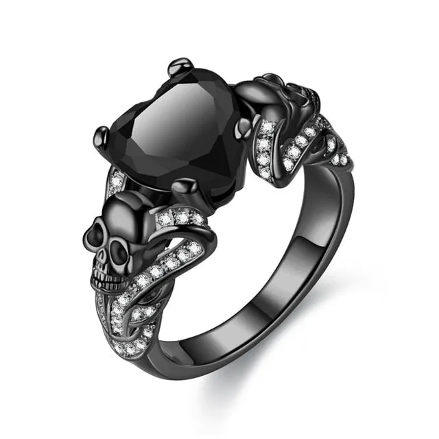 Gothic Skull Heart Crystal and Cubic Zirconia Punk Wedding Ring