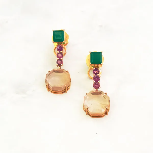 Green Agate Stud with Rhodolite Garnet & Rutilated Quartz Twinset Earrings