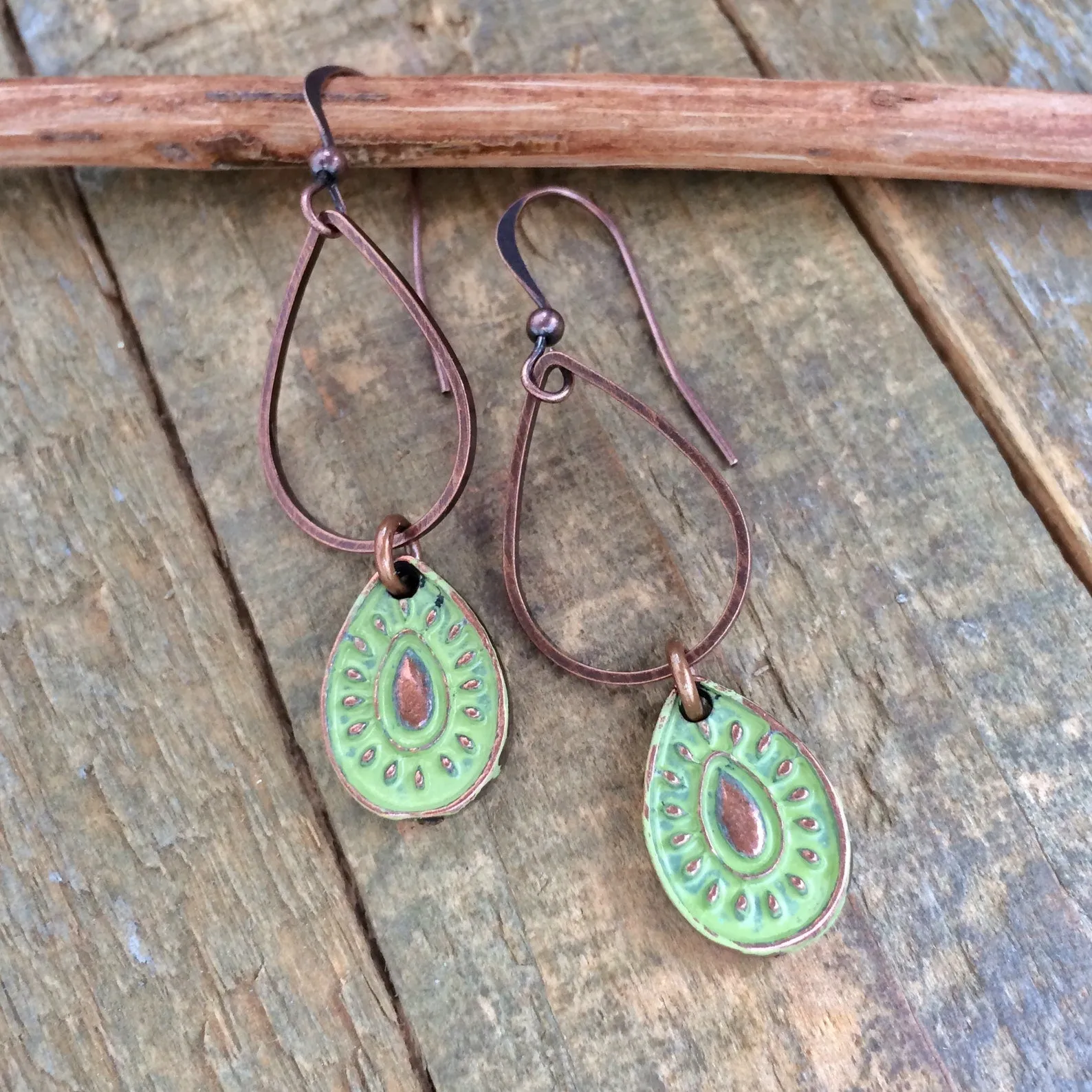 Green Patina Paisley and Copper Drop Earrings