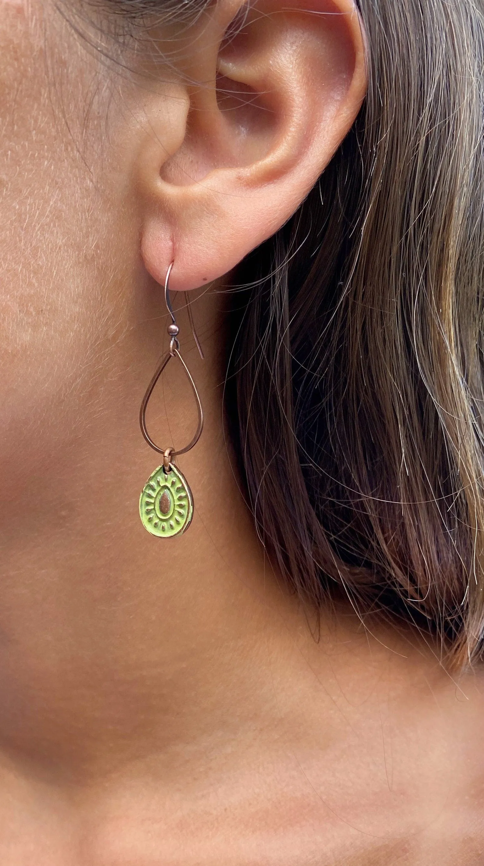 Green Patina Paisley and Copper Drop Earrings