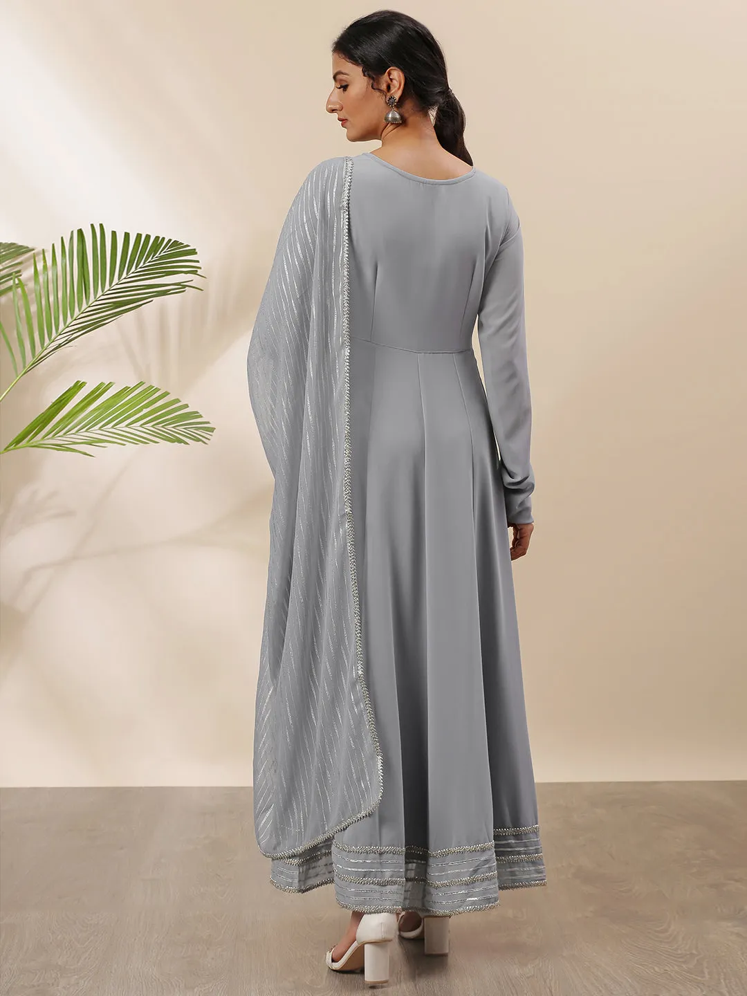 Grey Poly Georgette Solid Kurta with Dupatta