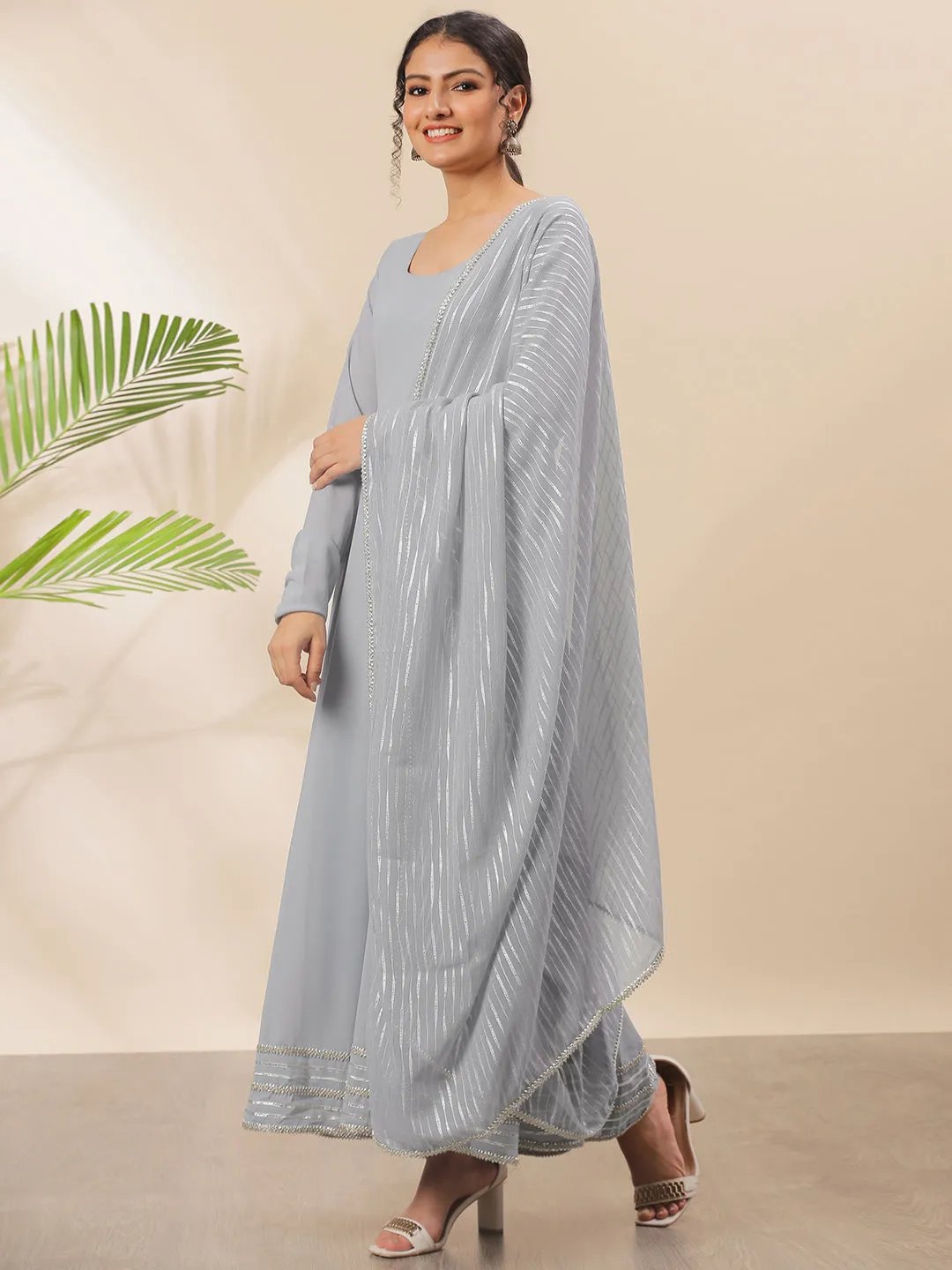 Grey Poly Georgette Solid Kurta with Dupatta