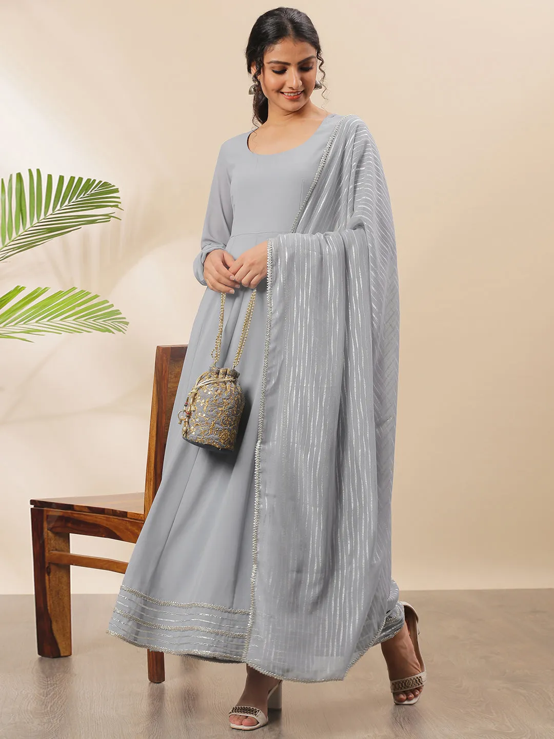 Grey Poly Georgette Solid Kurta with Dupatta