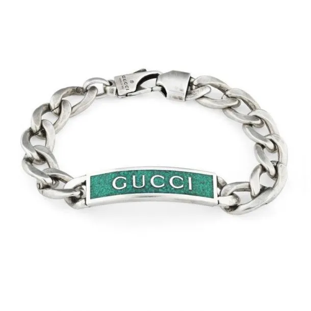 GUCCI STERLING SILVER 6.5-INCH GREEN ENAMEL GUCCI LOGO ID BRACELET