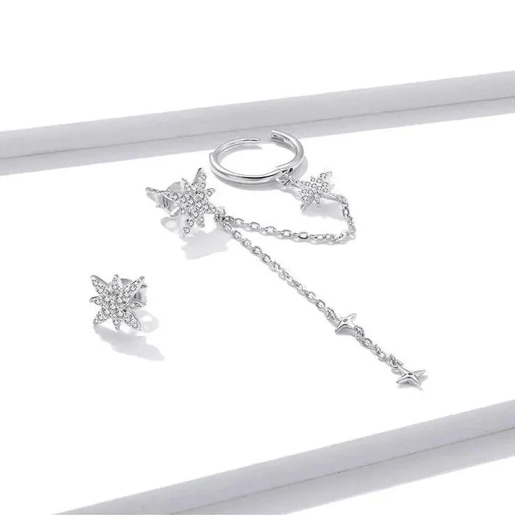 GZ233 - 925 Sterling Silver Asymmetric Star Drop Stud Earring Charm Jewelry