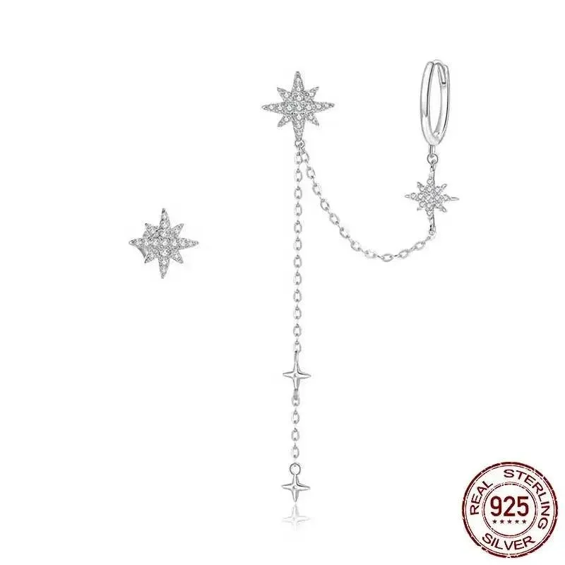 GZ233 - 925 Sterling Silver Asymmetric Star Drop Stud Earring Charm Jewelry