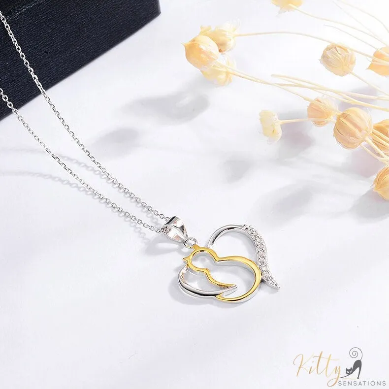 Heart Cat Necklace in Solid 925 Sterling Silver and 18K Gold Plating