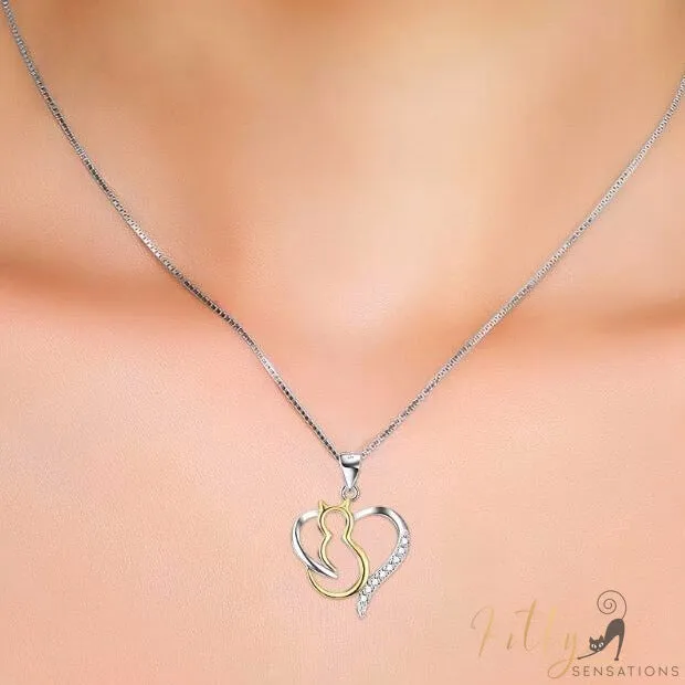 Heart Cat Necklace in Solid 925 Sterling Silver and 18K Gold Plating