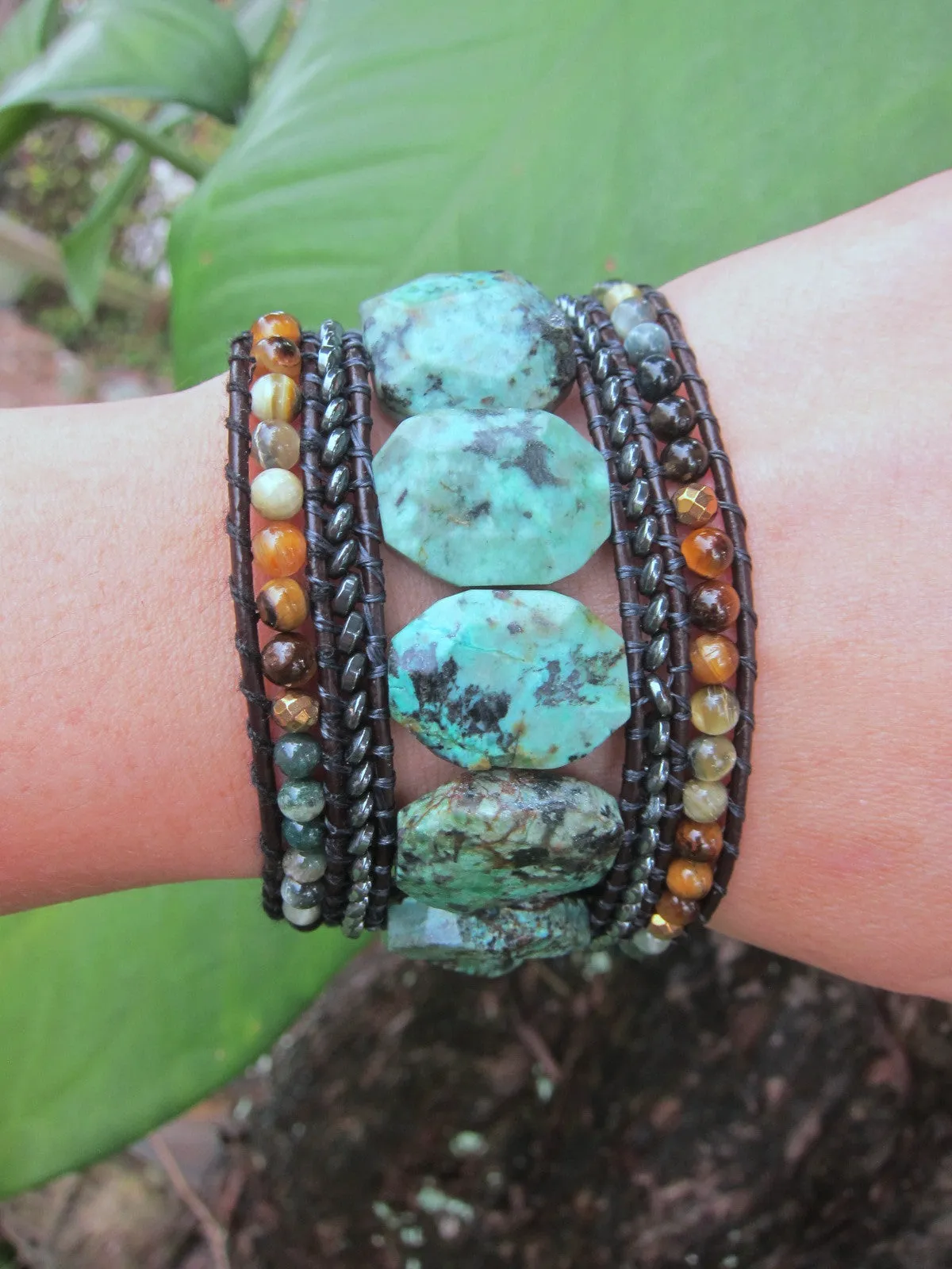 Imperial Turquoise Gemstone - 5 Row Cuff Leather Wrap Bracelet (fits wrist size 7.5 to 8 inch)