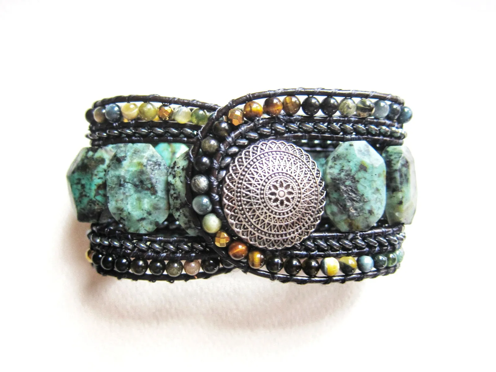 Imperial Turquoise Gemstone - 5 Row Cuff Leather Wrap Bracelet (fits wrist size 7.5 to 8 inch)