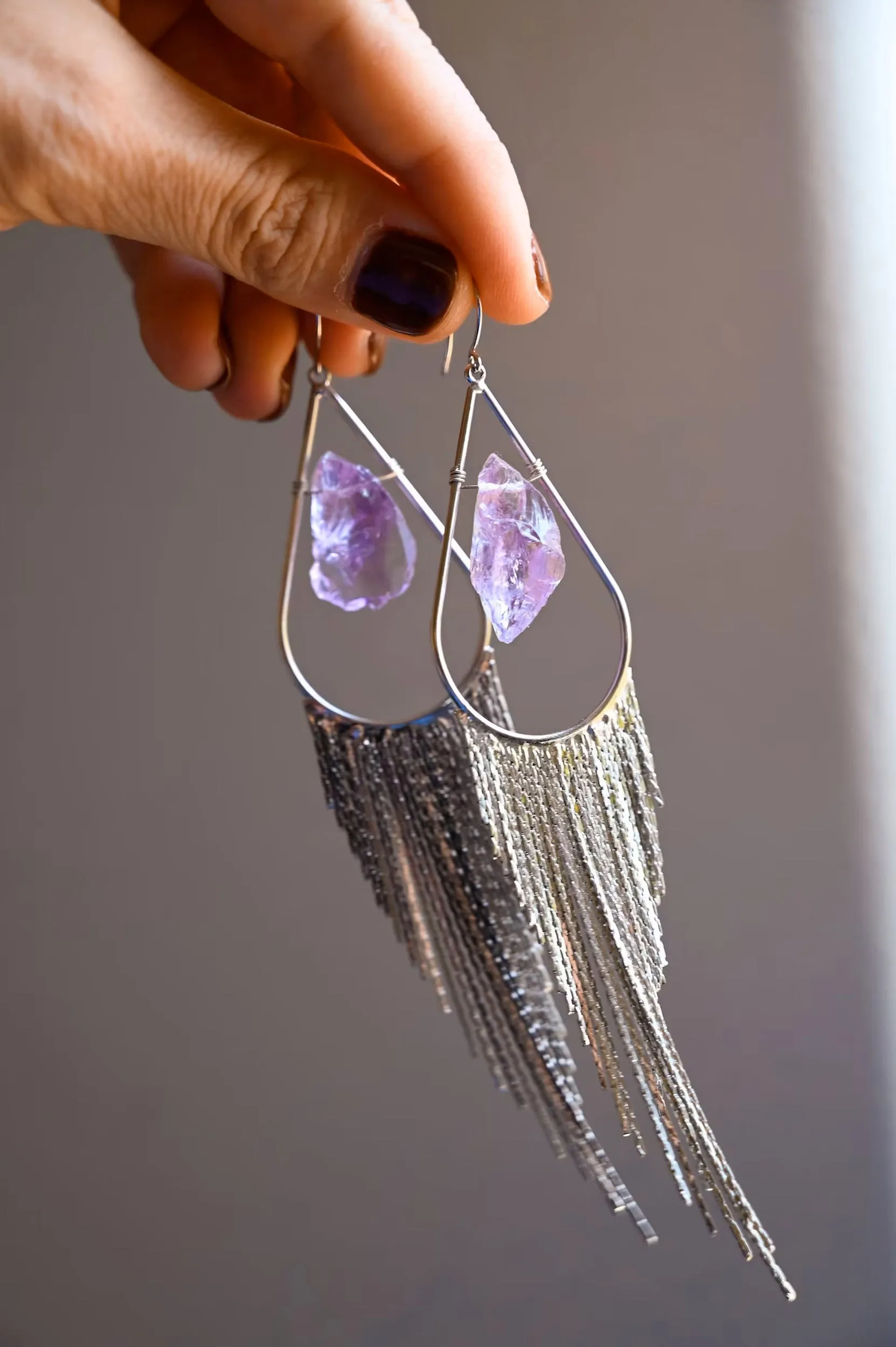 Intuition Amethyst Crystal Silver Fringe Earrings