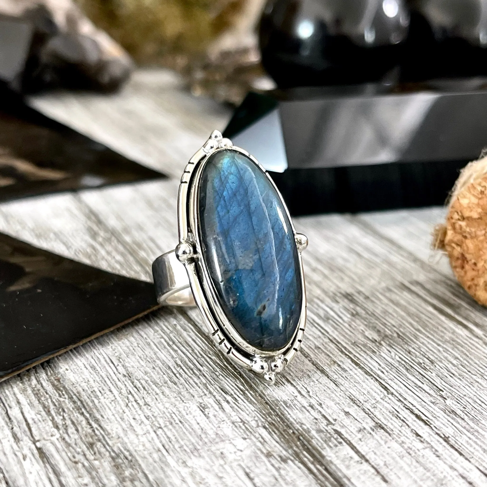 Labradorite Oval Crystal Statement Ring in Sterling Silver - Designed by FOXLARK Collection Adjustable to Size 6 7 8 9 | Blue Stone