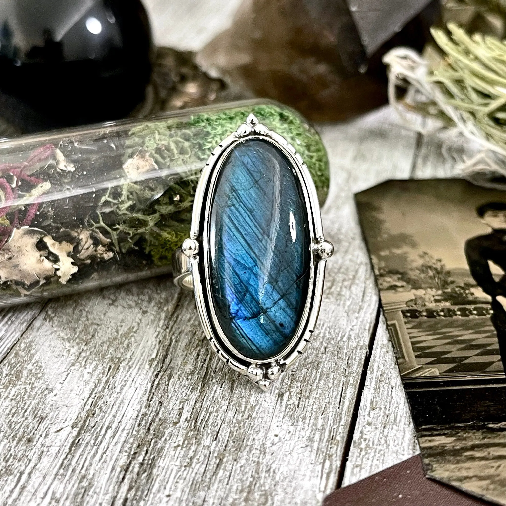 Labradorite Oval Crystal Statement Ring in Sterling Silver - Designed by FOXLARK Collection Adjustable to Size 6 7 8 9 | Blue Stone