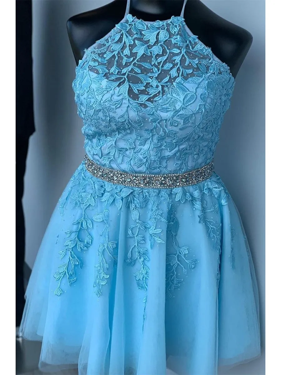 Lace Homecoming Dress Halter Neckline, Short Prom Dress, Evening Dress ,Winter Formal Dress, Pageant Dance Dresses, Back To School Party Gown, PC0580