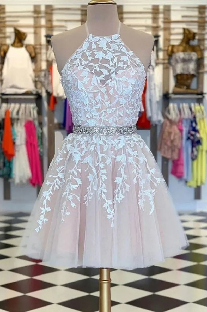 Lace Homecoming Dress Halter Neckline, Short Prom Dress, Evening Dress ,Winter Formal Dress, Pageant Dance Dresses, Back To School Party Gown, PC0580