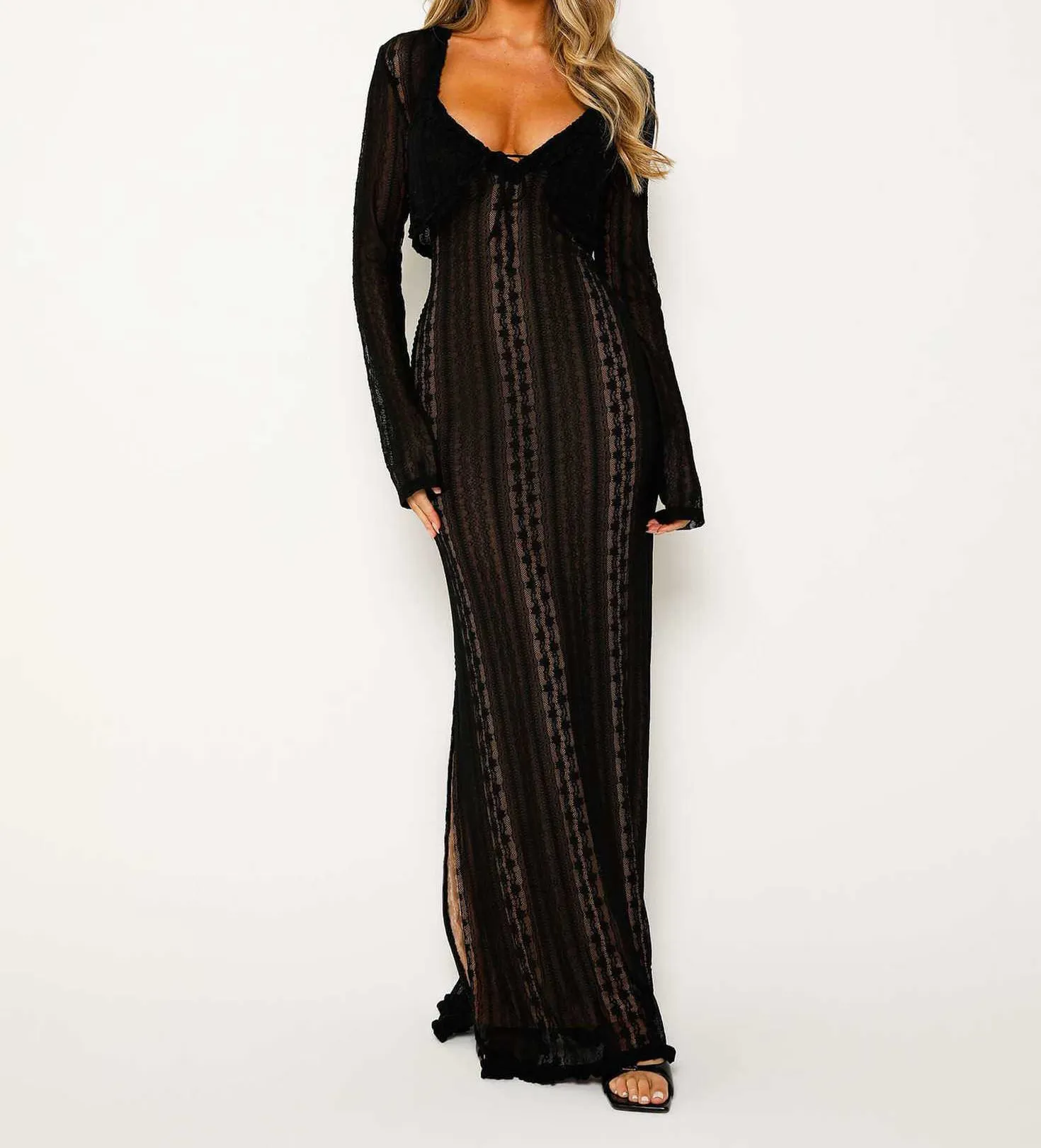 Lace V Neck Maxi Dress And Lace Cardigan