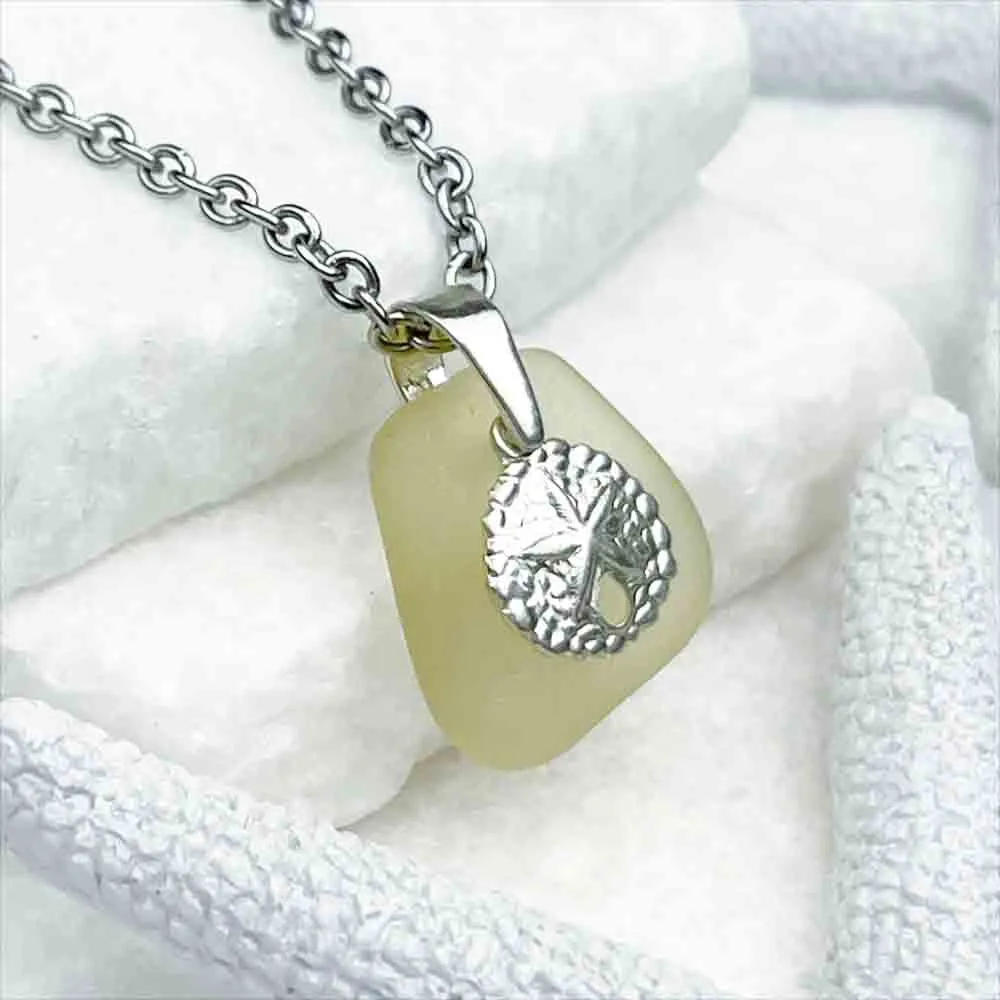 Light Yellow Sea Glass Pendant with Sterling Silver Sand Dollar | 5230