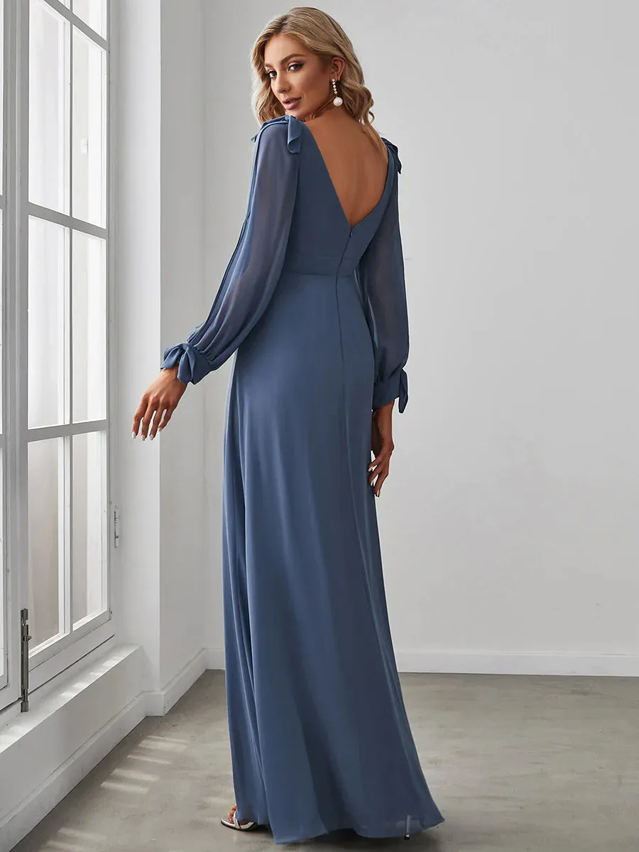 Long Lantern Sleeves A Line V Neck Bridesmaid Dresses