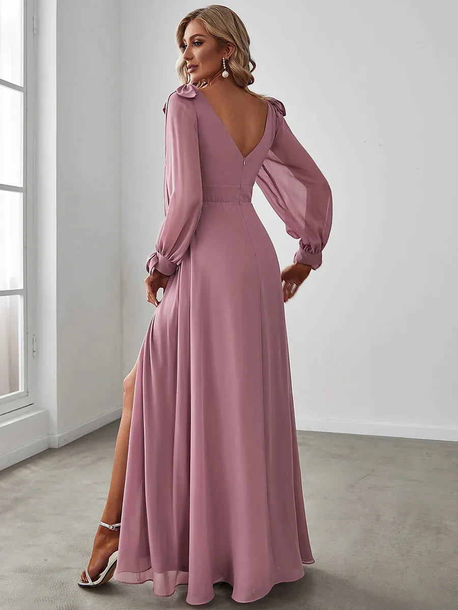 Long Lantern Sleeves A Line V Neck Bridesmaid Dresses