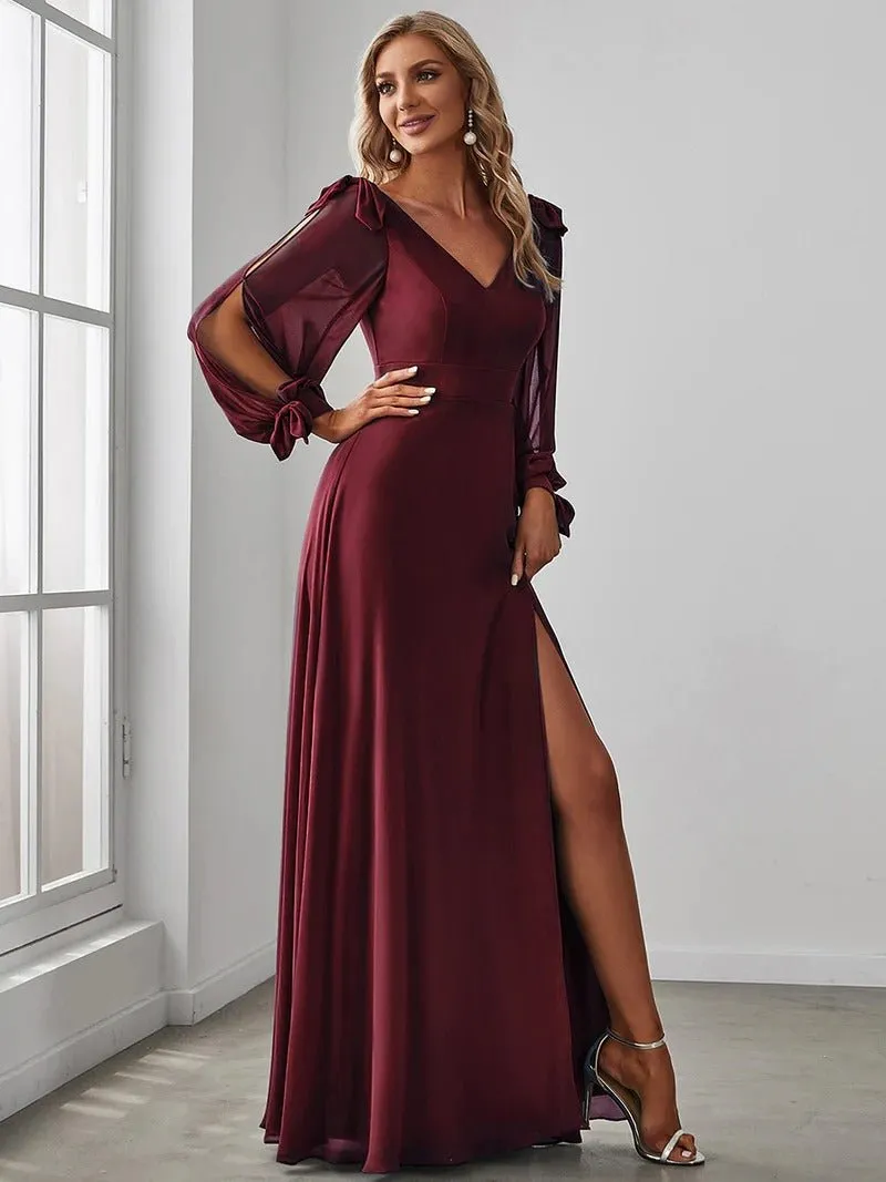 Long Lantern Sleeves A Line V Neck Bridesmaid Dresses