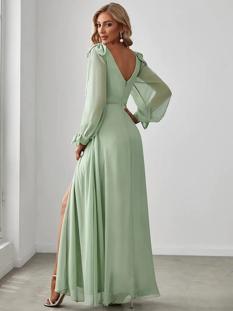 Long Lantern Sleeves A Line V Neck Bridesmaid Dresses