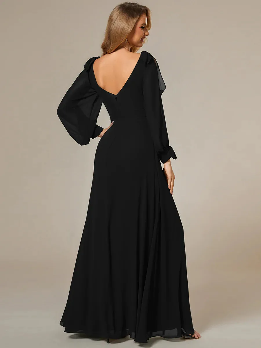 Long Lantern Sleeves A Line V Neck Bridesmaid Dresses