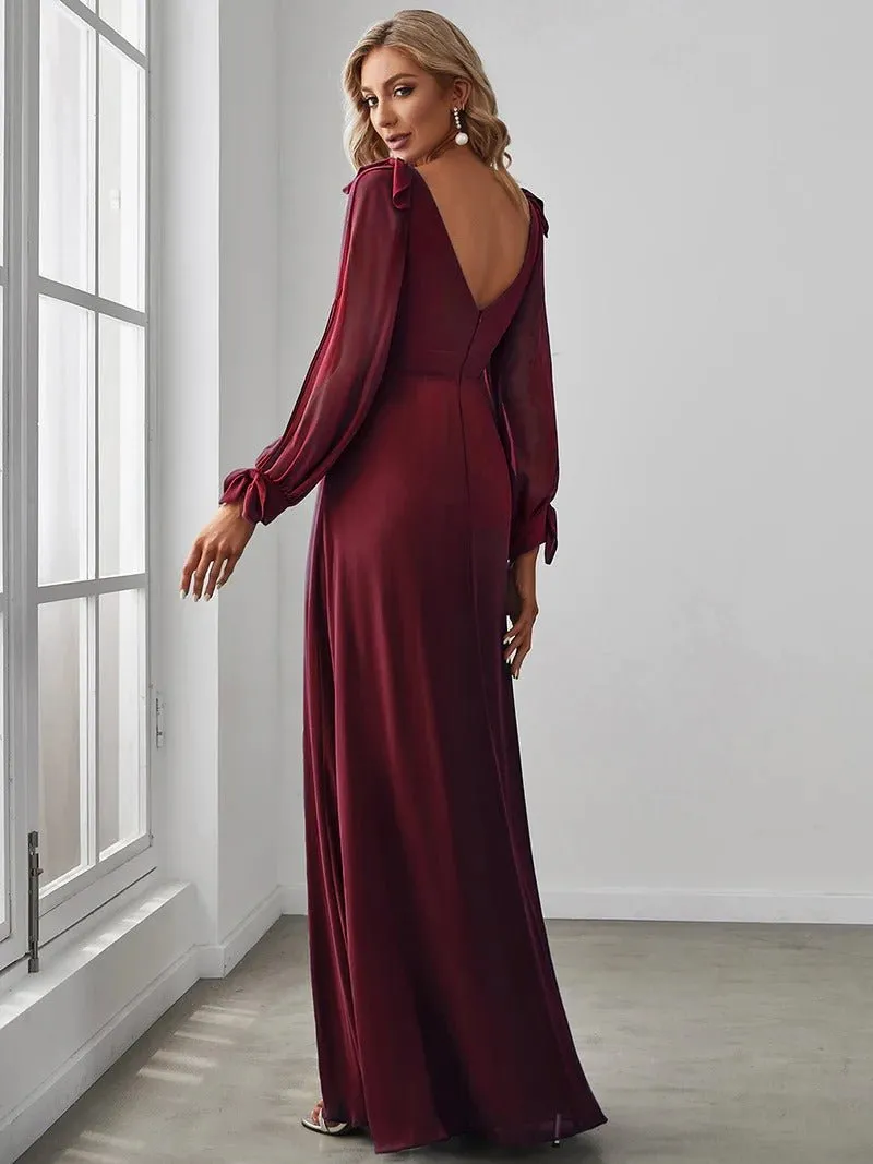 Long Lantern Sleeves A Line V Neck Bridesmaid Dresses