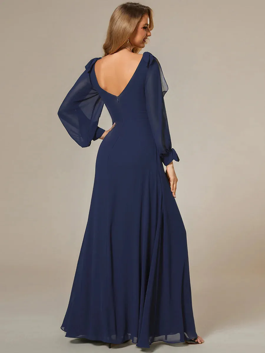 Long Lantern Sleeves A Line V Neck Bridesmaid Dresses