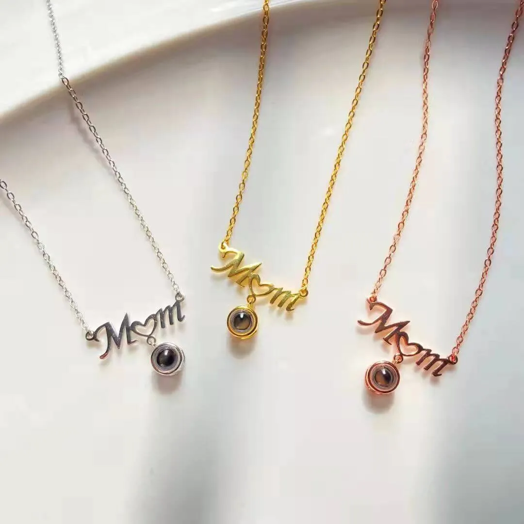 Love Heart Shaped Projection Necklace I Love You Mom Necklace with Picture Inside