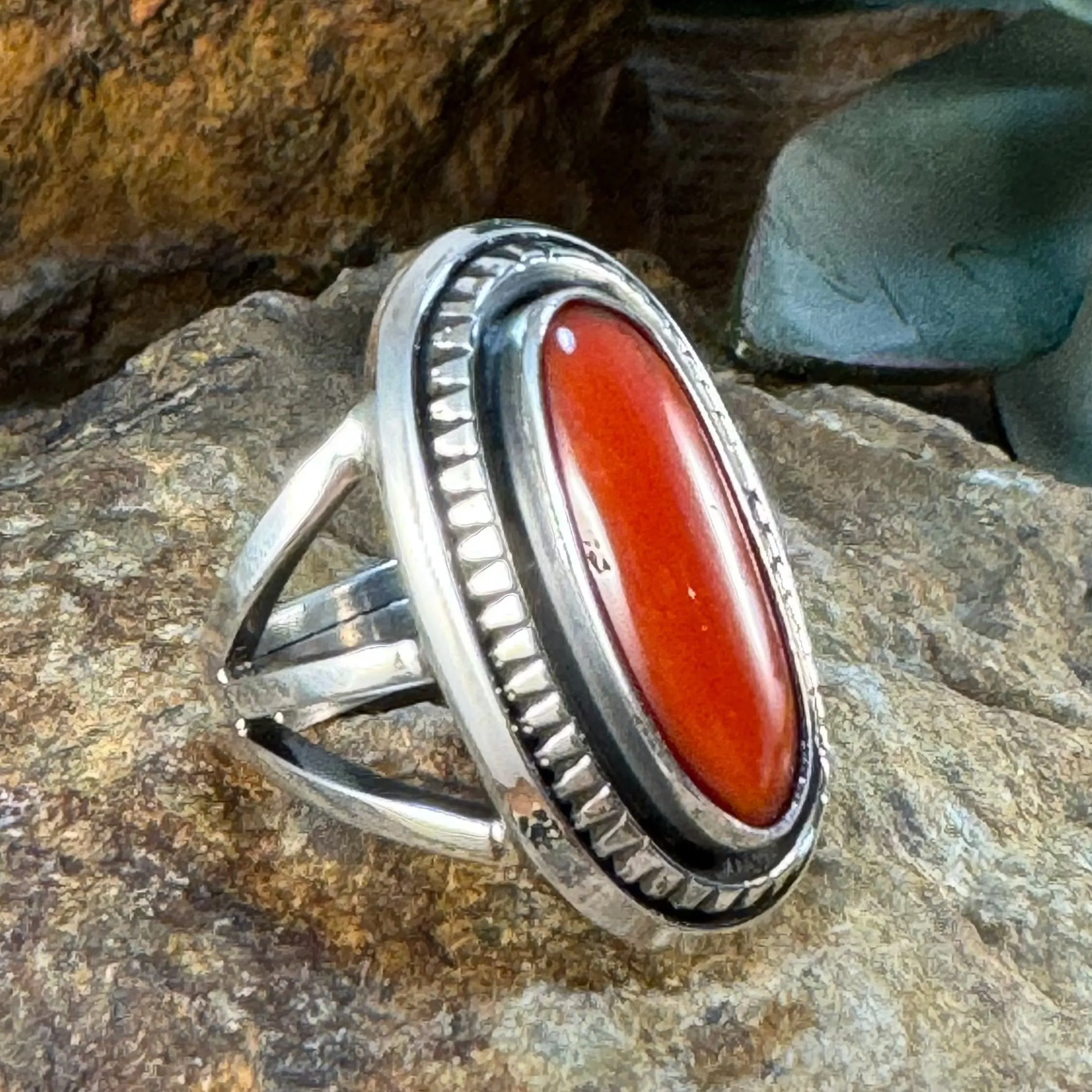 Mediterranean Red Coral Sterling Silver Ring by Leonard Nez Size 7.75