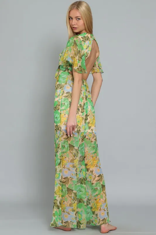 Mindy Floral Cap Sleeve Chiffon Button Down Maxi Dress