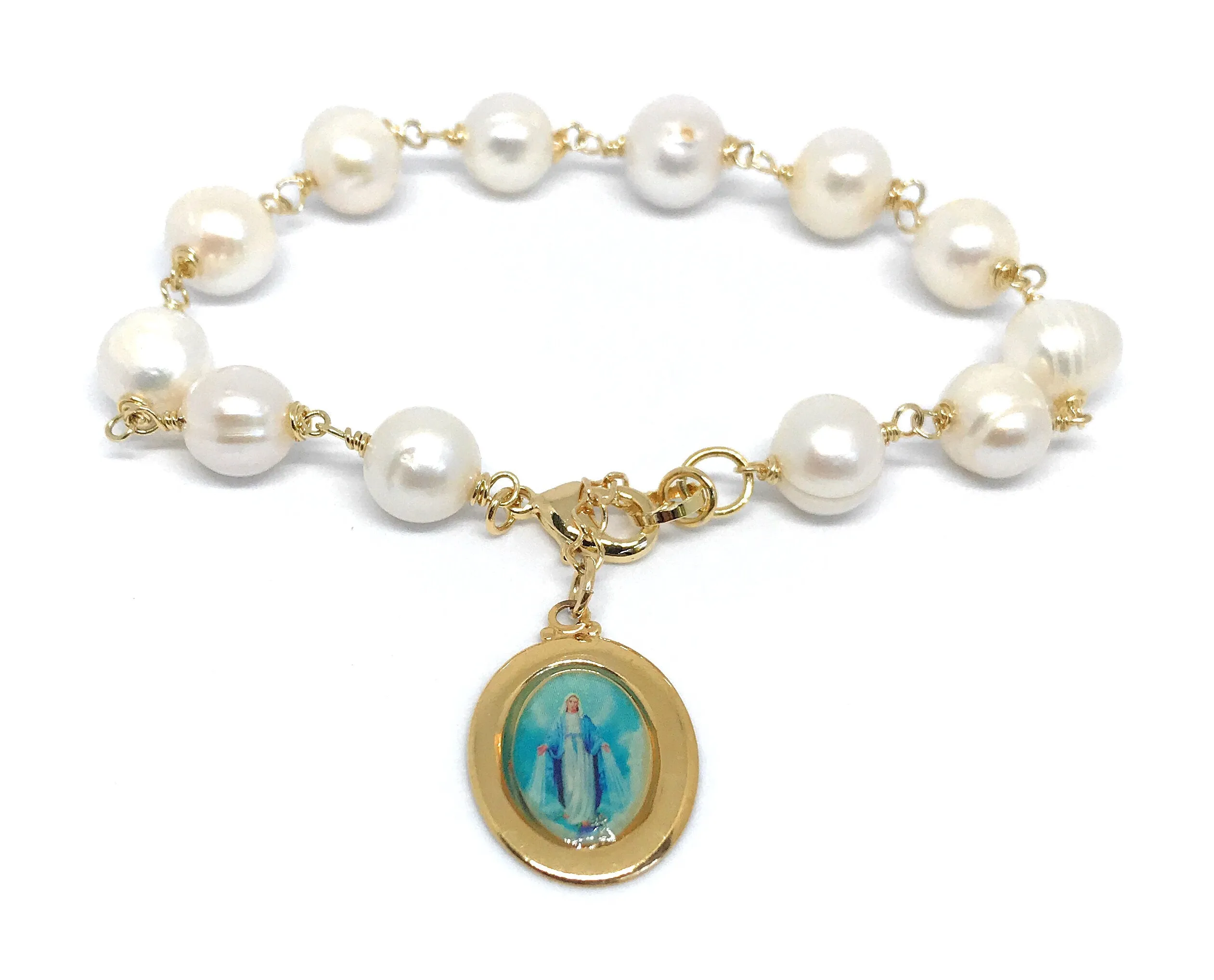 Miraculous Medal Bracelet, Freshwater Pearls Adjustable Bracelet, Gold and Pearls Bracelet, Virgin Mary Jewelry, religious Virgen Milagrosa