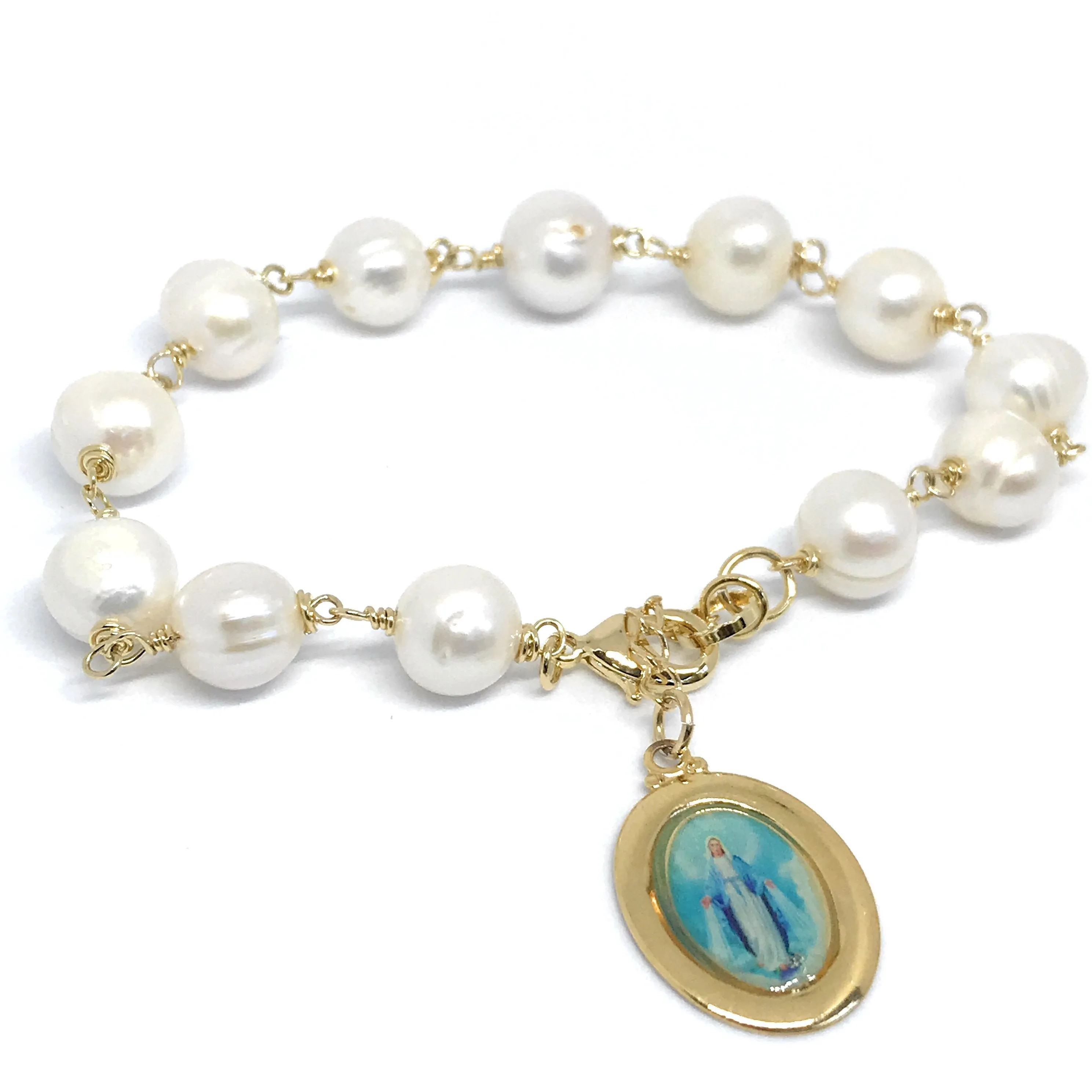 Miraculous Medal Bracelet, Freshwater Pearls Adjustable Bracelet, Gold and Pearls Bracelet, Virgin Mary Jewelry, religious Virgen Milagrosa