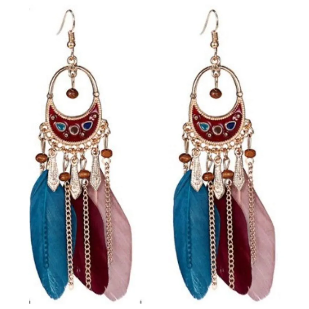 Multi Colored Feather and Gold Boho Dangle Earrings