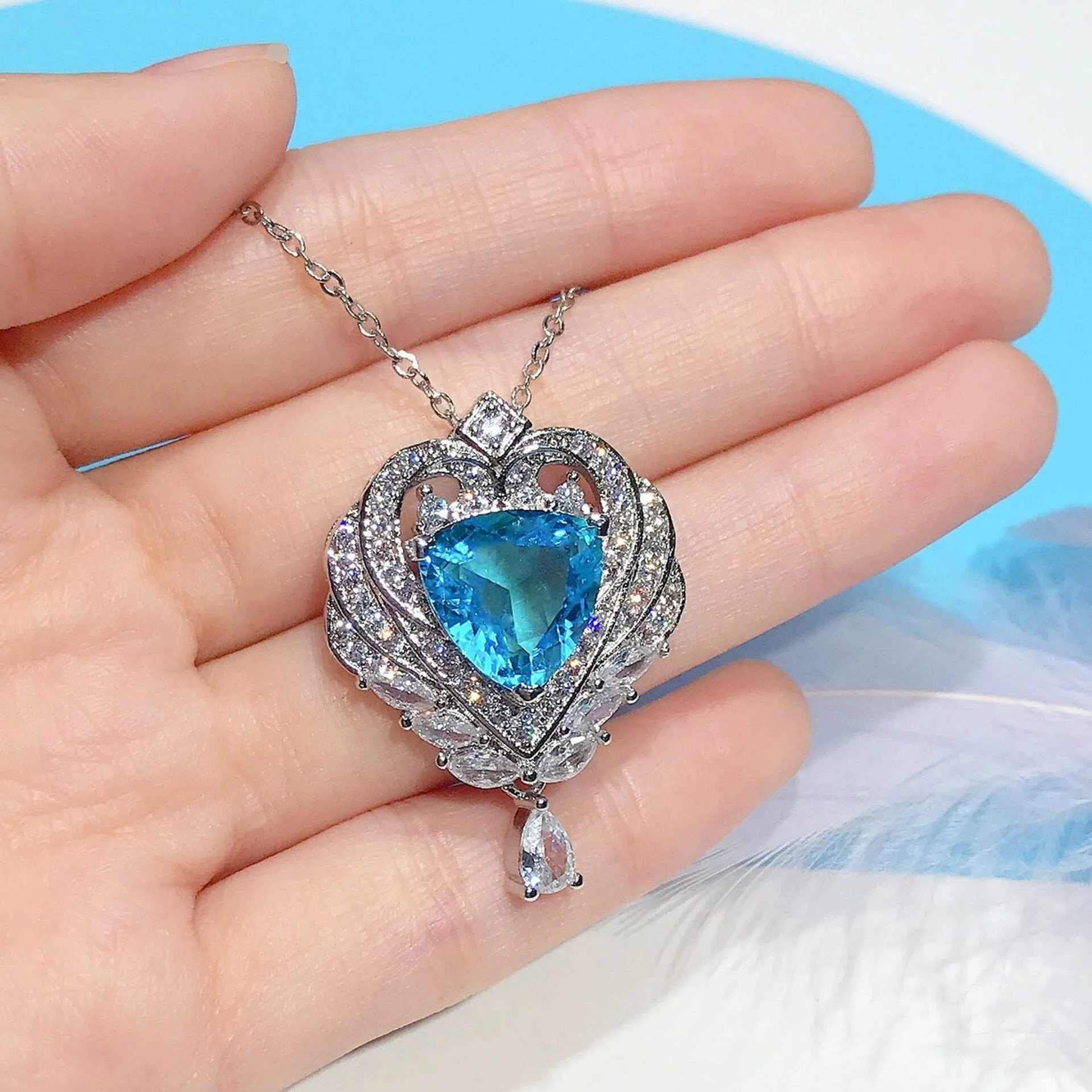 Ocean Heart Aquamarine Angel Wing Pendant Necklace