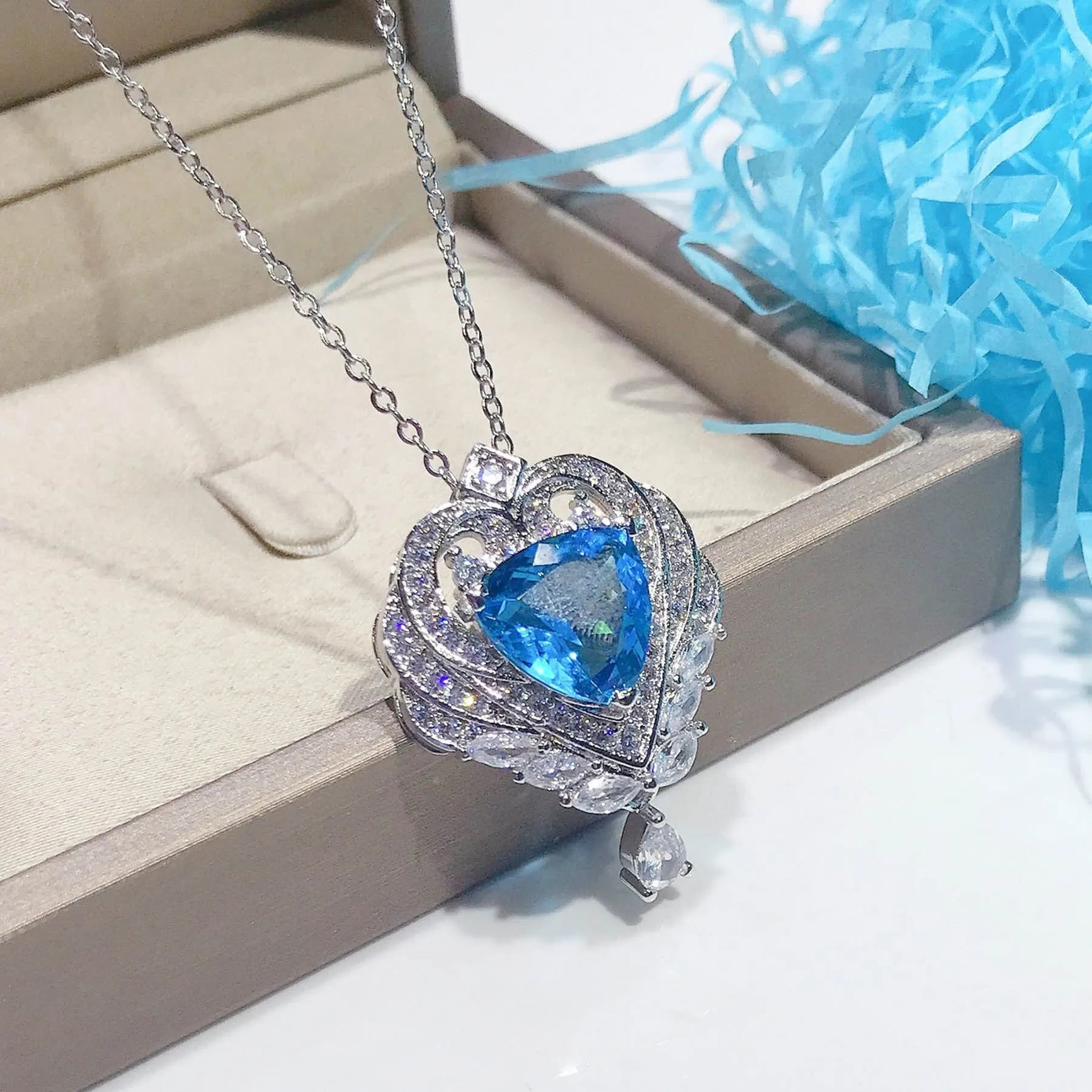 Ocean Heart Aquamarine Angel Wing Pendant Necklace