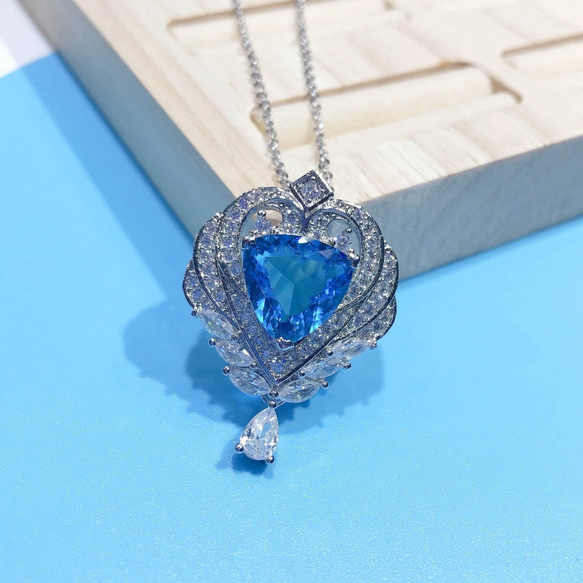 Ocean Heart Aquamarine Angel Wing Pendant Necklace