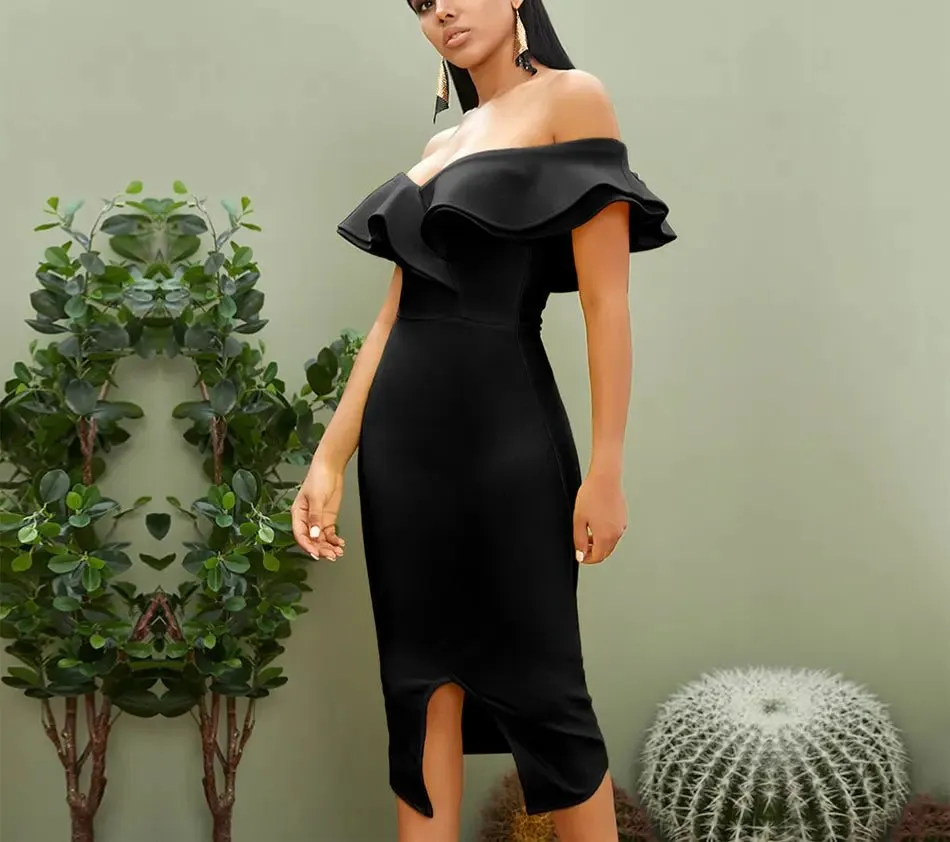 Off Shoulder Ruffles Midi Dress