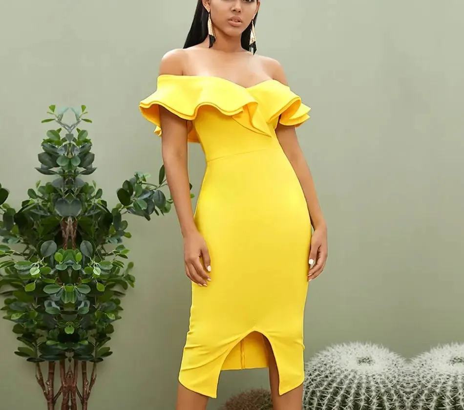 Off Shoulder Ruffles Midi Dress