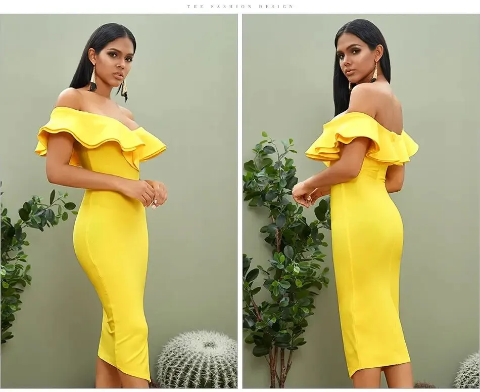 Off Shoulder Ruffles Midi Dress