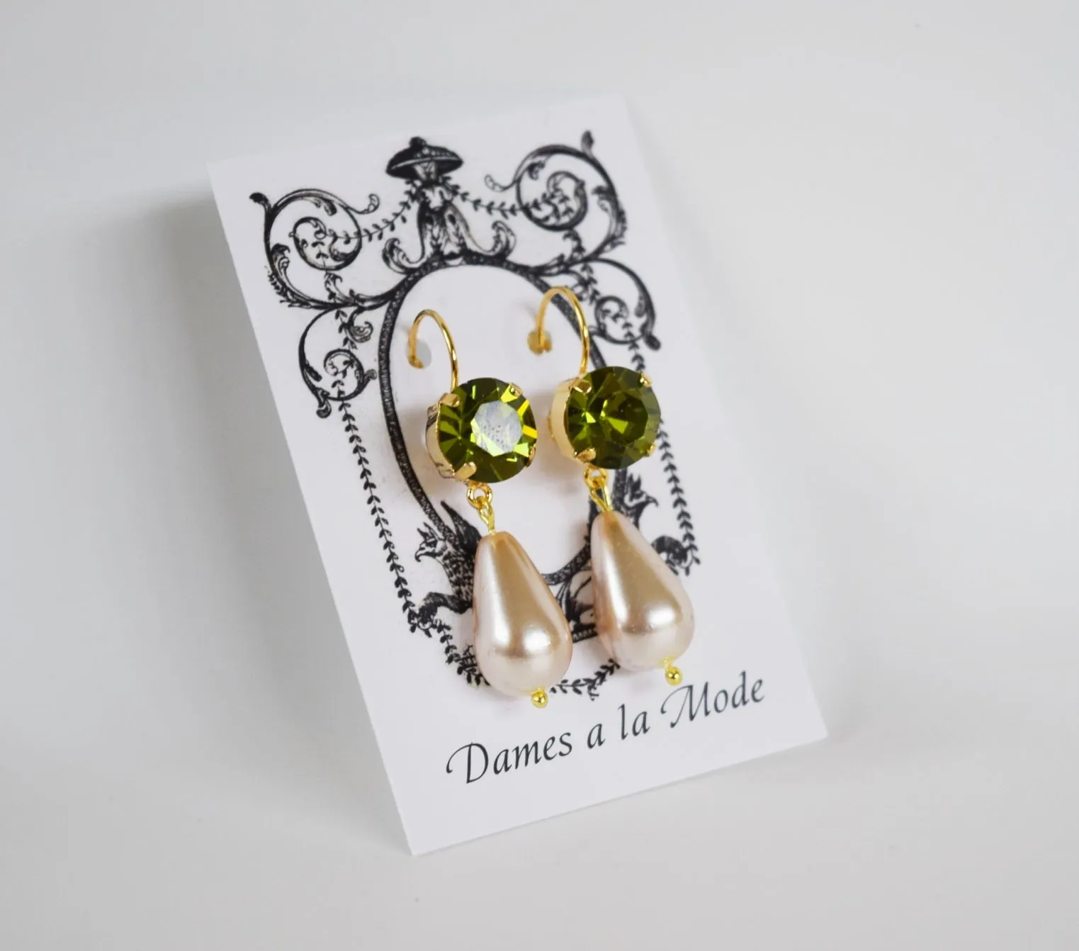 Olive Green Swarovski Crystal and Pearl Dangles - Small Round