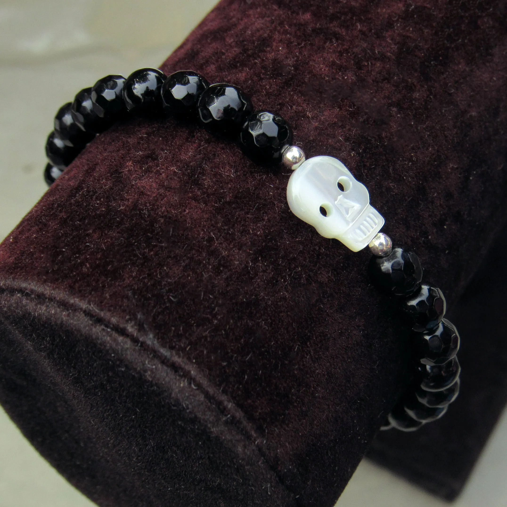 Onyx, Mother of Pearl, and Sterling Silver Skull Stretch Bracelet