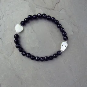 Onyx, Mother of Pearl, and Sterling Silver Skull Stretch Bracelet