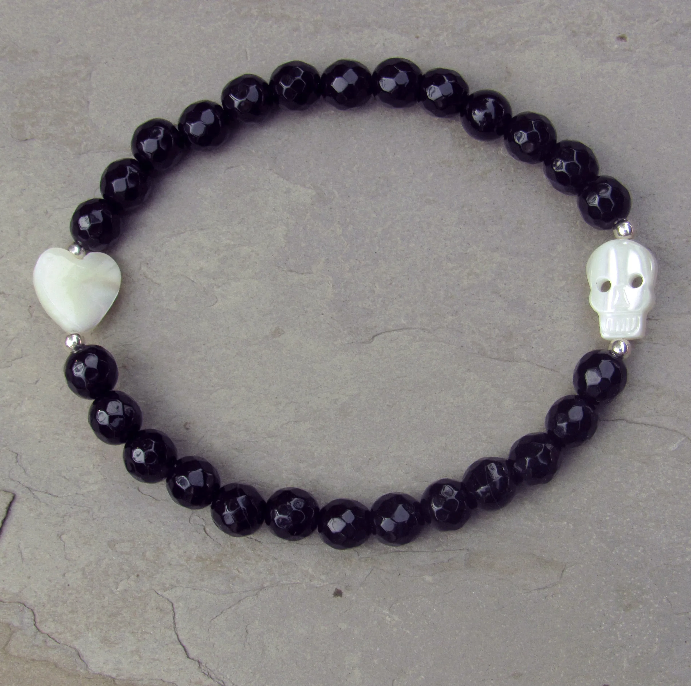 Onyx, Mother of Pearl, and Sterling Silver Skull Stretch Bracelet