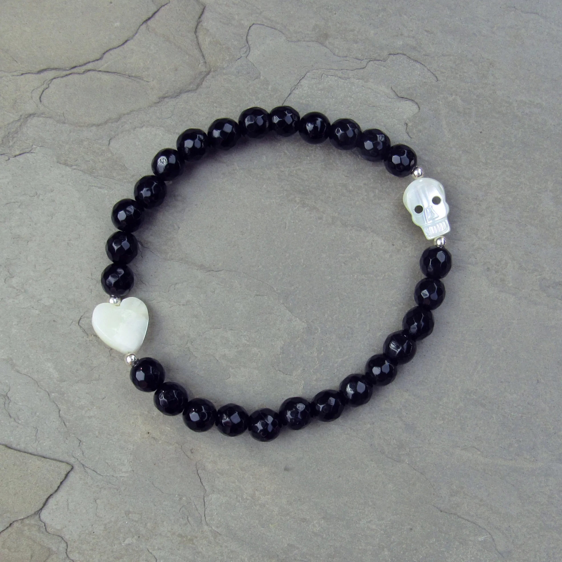 Onyx, Mother of Pearl, and Sterling Silver Skull Stretch Bracelet