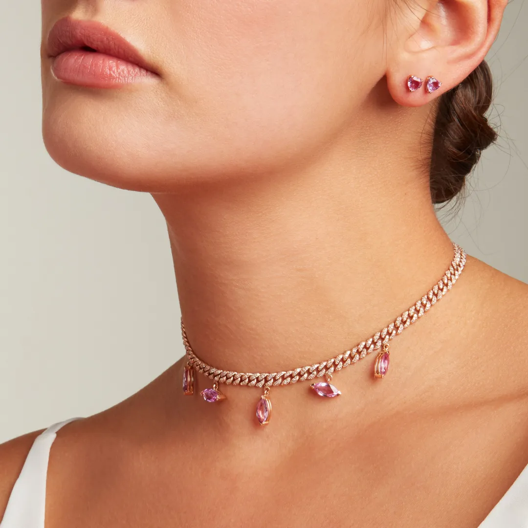 PINK SAPPHIRE MARQUISE DROP MINI LINK NECKLACE