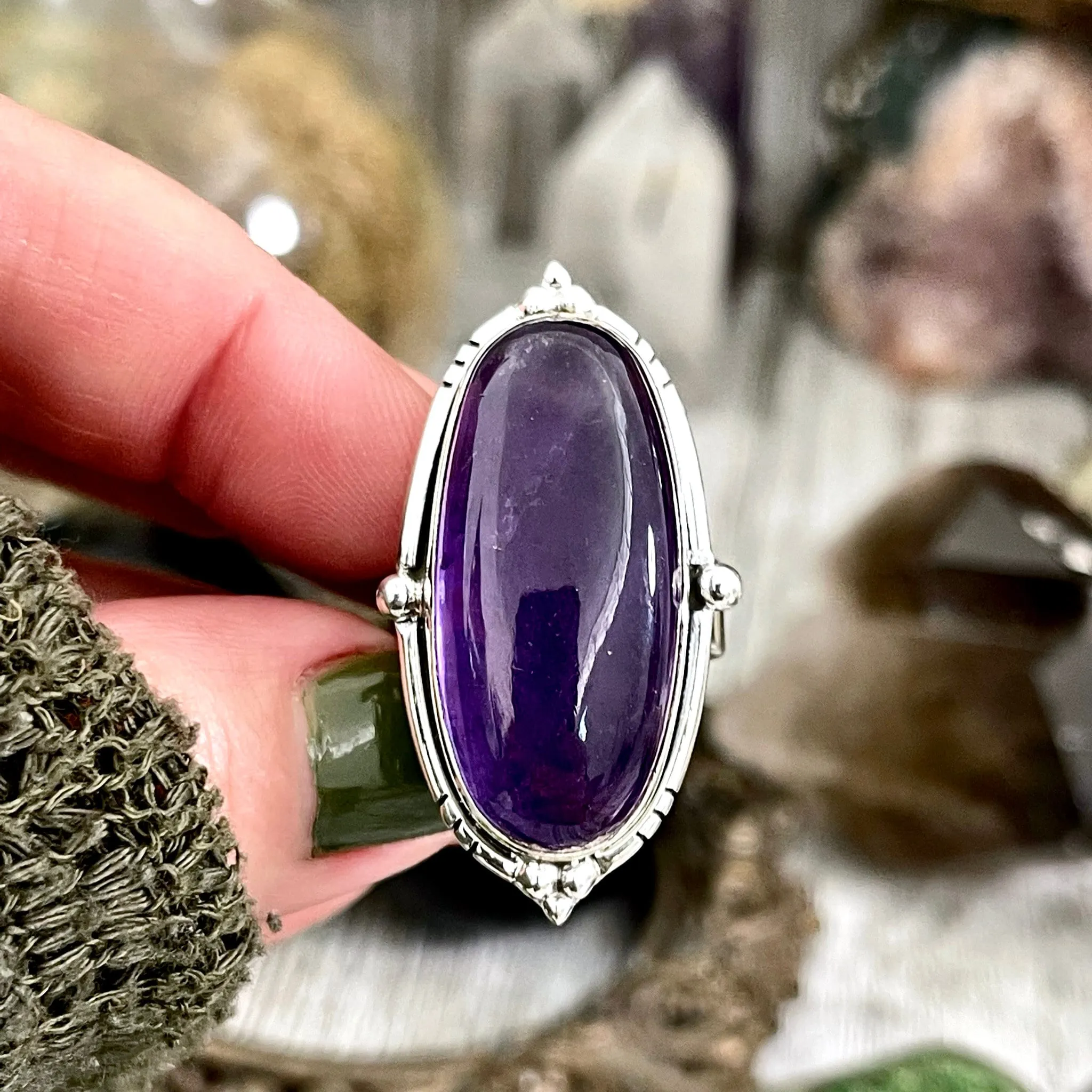 Purple Amethyst Oval Crystal Statement Ring in Sterling Silver - Designed by FOXLARK Collection Adjustable to Size 6 7 8 9