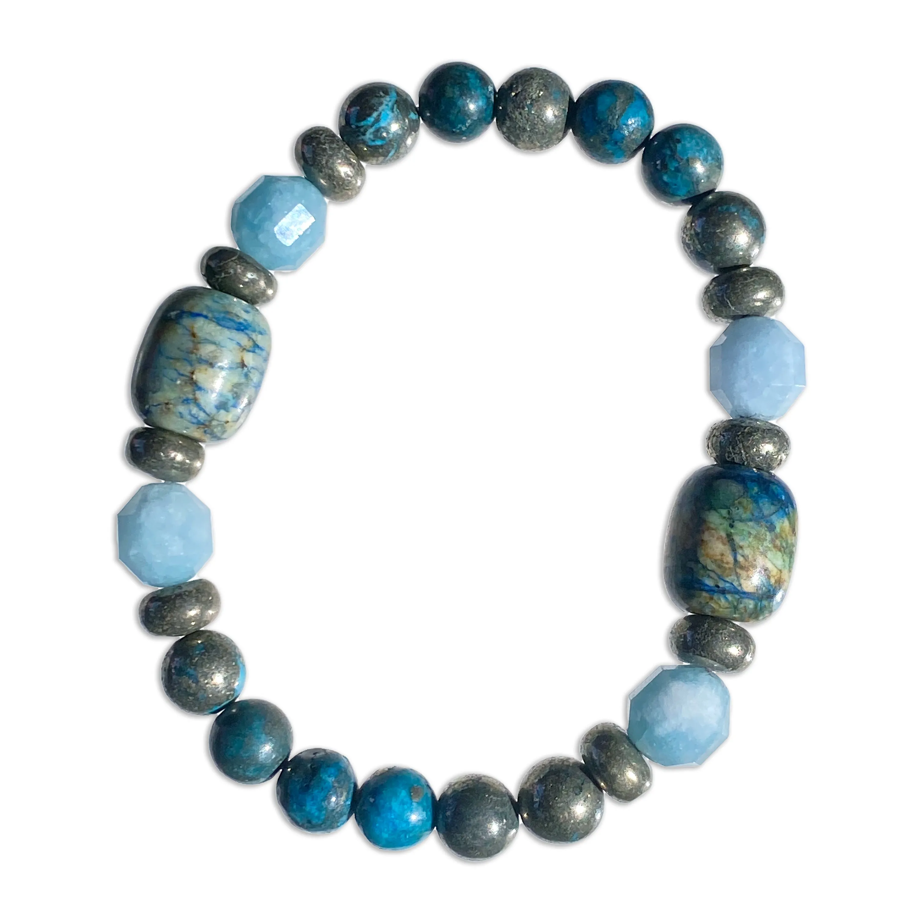 Pyrite, Aquamarine, and Chrysocolla gemstone Stretch bracelet